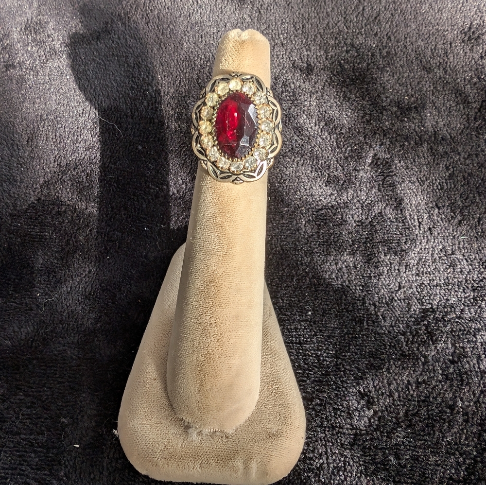 1940’s Victorian Deco style Ruby Ring With Red Glass Stone and crystals